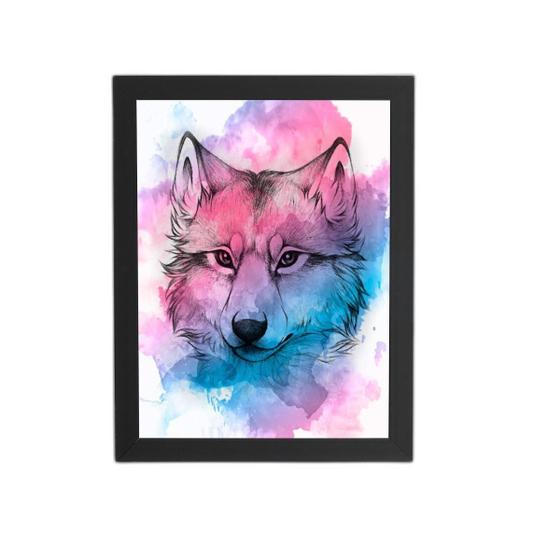 Imagem de Quadro Lobo Animais Aquarela Arte Moldura Preta 60X40Cm