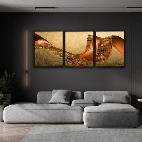 Imagem de Quadro Luxo Trio Ondas Futuristas Canvas C/ Moldura 129x53cm