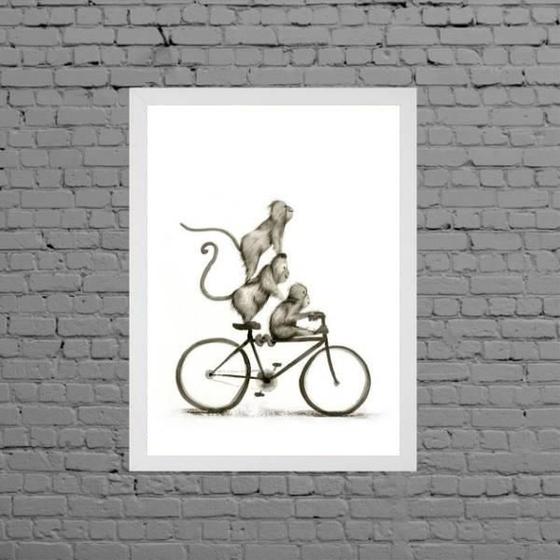 Imagem de Quadro Macaquinhos Na Bicicleta 24X18Cm Moldura Preta