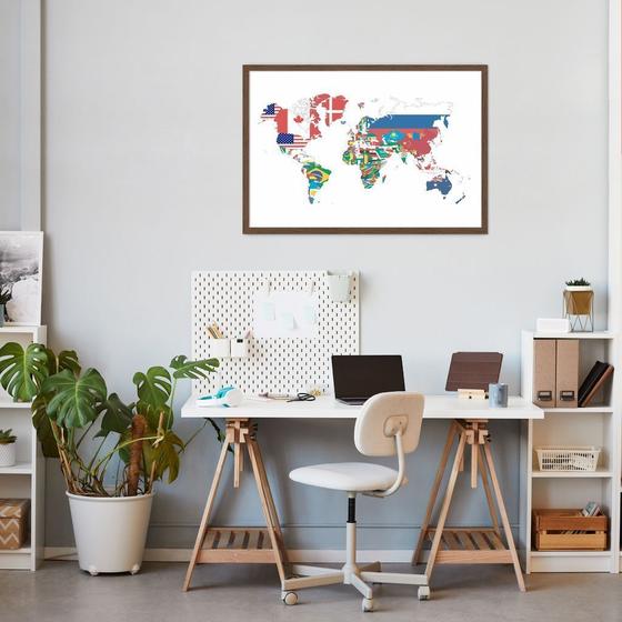 Imagem de Quadro Mapa Mundi Bandeiras dos Países 43x30 Caixa Marrom Moldura Caixa, Marrom Cafe