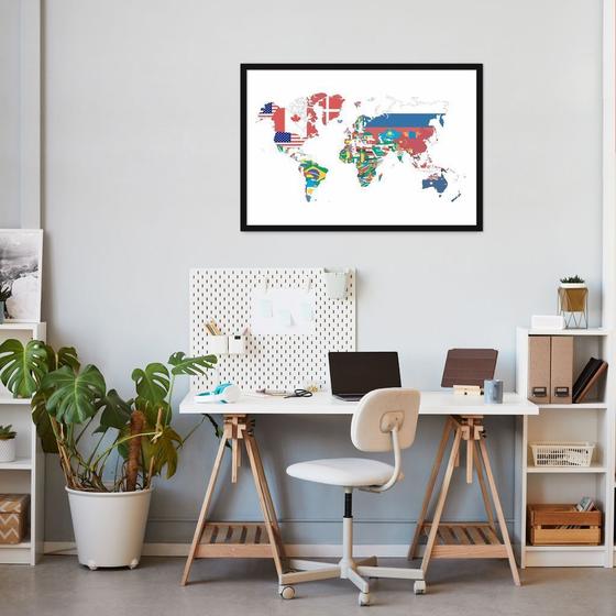 Imagem de Quadro Mapa Mundi Bandeiras dos Países 43x30 Caixa Preto Moldura Caixa, Preta