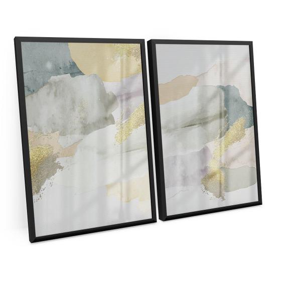 Imagem de Quadro Moderno Folhas Em Dourado Branco Abstrato Para Sala 90x60 Cm C/ Moldura e Vidro - Bimper