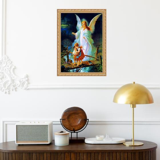 Imagem de Quadro Moldura Dourada Anjo Da Guarda Com Crianças 24x18cm