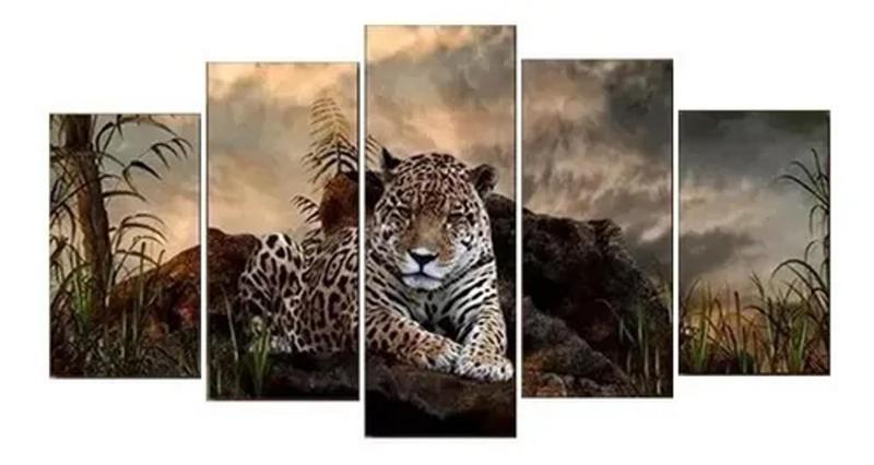 Imagem de Quadro Mosaico 5 Partes Onça Pintada Decoração 115cmx60cm