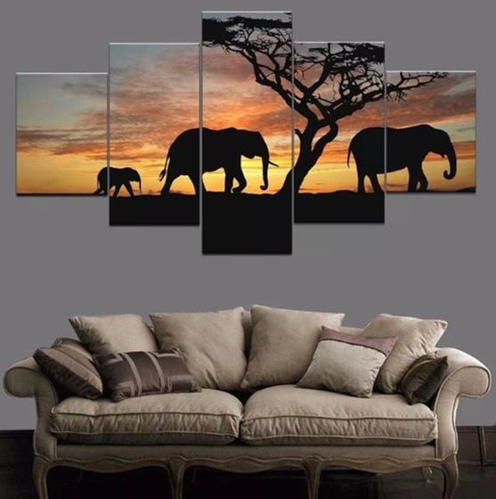 Imagem de Quadro Mosaico 5 Peças África Elefante Por Do Sol Top 4k