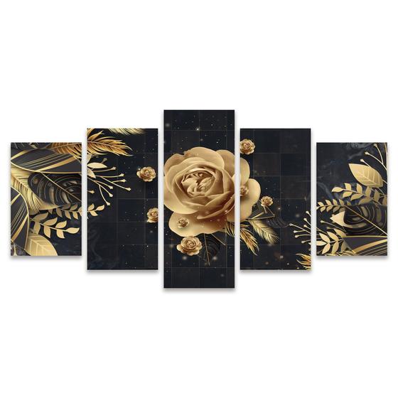 Imagem de Quadro Mosaico Decorativo Rosa Dourada Gold Ouro Plantas Preto Digital