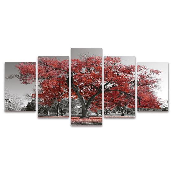 Imagem de Quadro Mosaico Decorativo Ypê Vermelho Árvore Fundo Preto Branco 5 Peças