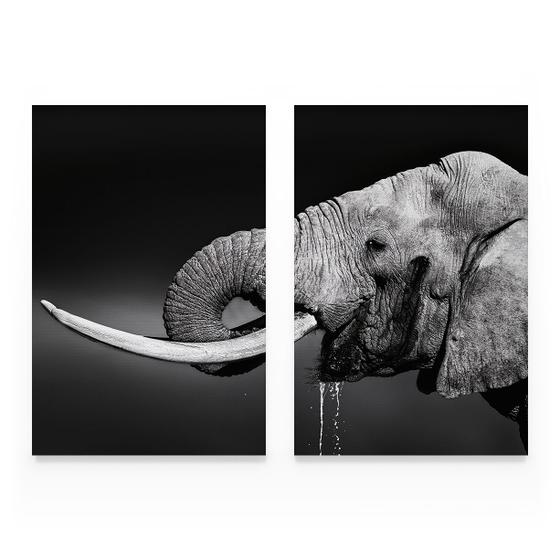 Imagem de Quadro Mosaico Elefante Bebendo Água Preto e Branco Moderno Kit 2 Telas Grande - Bimper