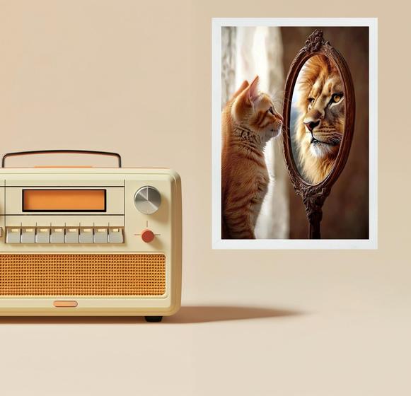 Imagem de Quadro Motivacional Autoestima Gato Espelho Leão 33x24cm - com vidro
