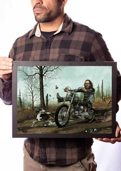 Imagem de Quadro Motociclista Paisagem Cachorros  Arte David Mann