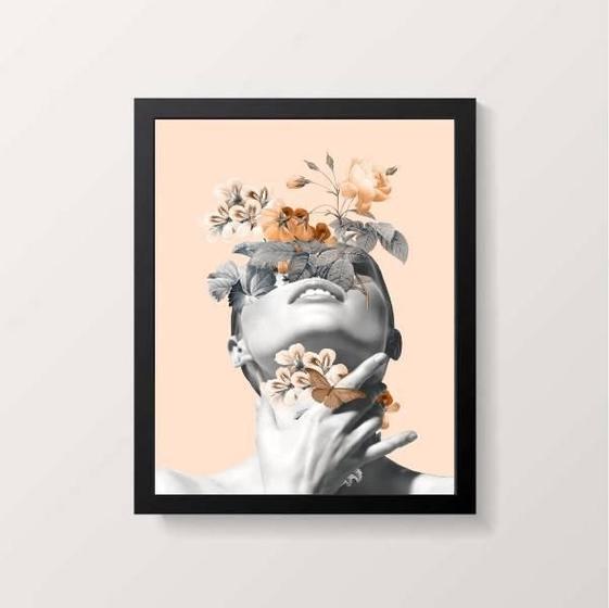 Imagem de Quadro Mulher Com Borboletas E Flores 45X34 Com Vidro Preta