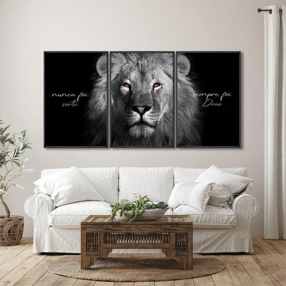 Imagem de Quadro Nunca Foi Sorte, Sempre Foi Deus Modelo Religioso com 3 Telas para Sala, Hall 60cm X 90cm Preto