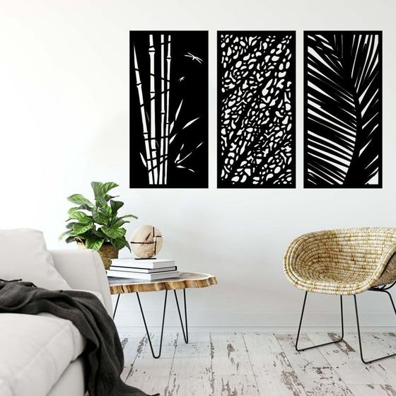 Imagem de Quadro Painel Trio Decorativo Vazado Bambu Folhas Tropicais Decoração de Ambiente Sala Quarto
