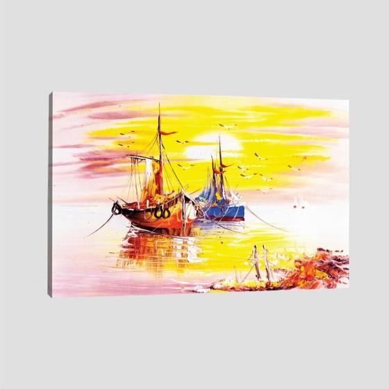 Imagem de Quadro Paisagem Barcos Pôr Do Sol Tela No Chassi 63X42Cm