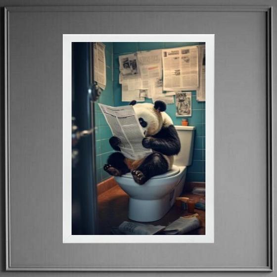 Imagem de Quadro Panda No Banheiro Lendo Jornal 24x18cm - com vidro