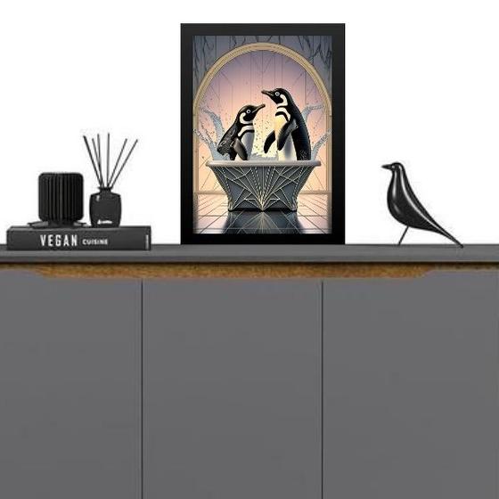 Imagem de Quadro Para Decorar Banheiro Pinguins 24x18cm - com vidro