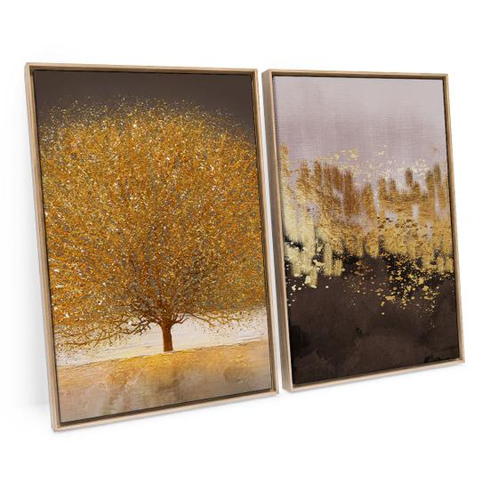 Imagem de Quadro Para Escritório Sala Hall Decorativo Abstrato Árvore Dourada Kit 2 Telas C/ Moldura - Bimper