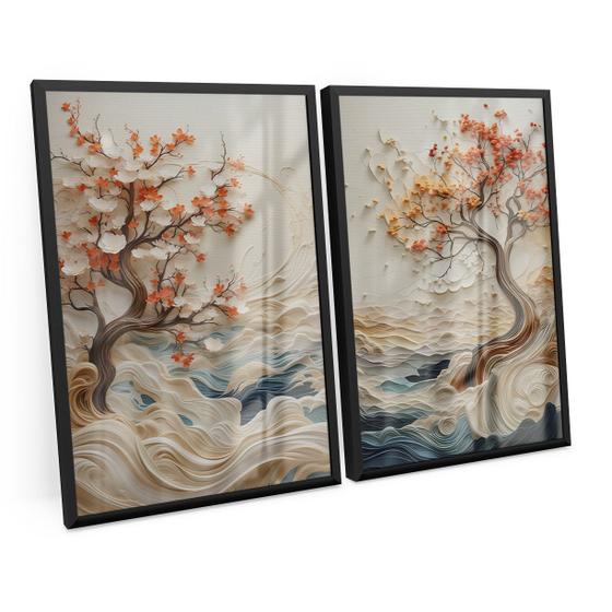 Imagem de Quadro Para Sala Decorativo Abstrato Coast Wisdom Tree Kit 2 Telas C/ Moldura e Vidro Árvores - Bimper