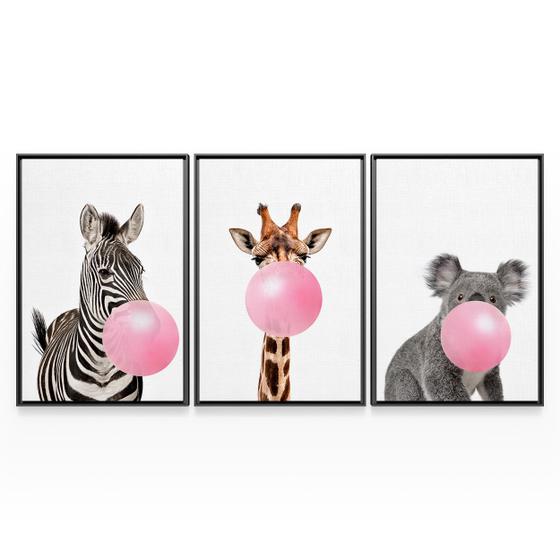 Imagem de Quadro Para Sala Girafa Zebra e Coala Mascando Chiclete Bubble Gum Kit 3 Telas - Bimper