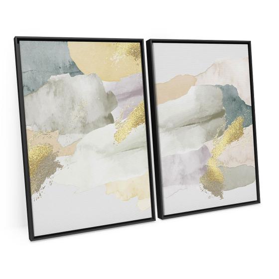 Imagem de Quadro Para Sala Moderno Abstrato Dourado e Branco Decorativo Kit 2 Telas C/ Moldura Grande - Bimper