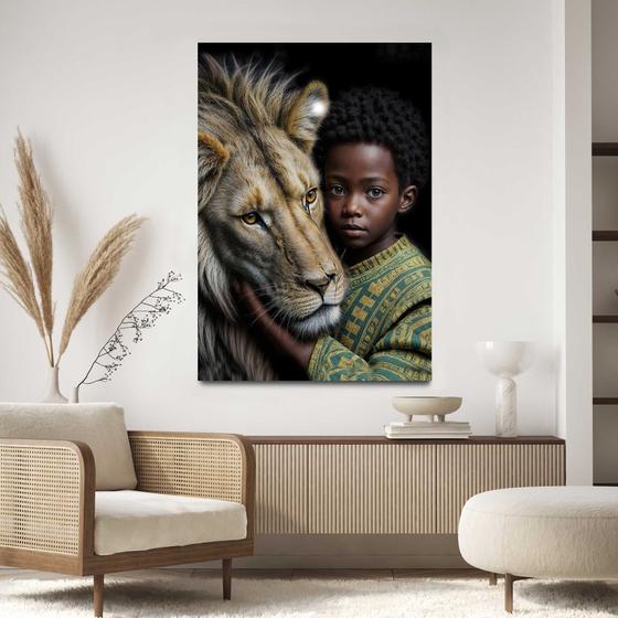 Imagem de Quadro para Sala Quarto Hall Leão e Menino Africa Amizade Parede Decorativo Grande 