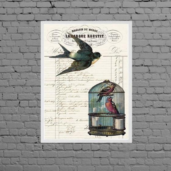 Imagem de Quadro Pássaro Com Gaiola Vintage 33x24cm - com vidro