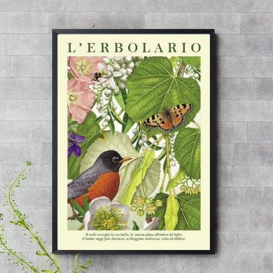 Imagem de Quadro Pássaros Borboleta E Vegetação 45X34Cm - Com Vidro