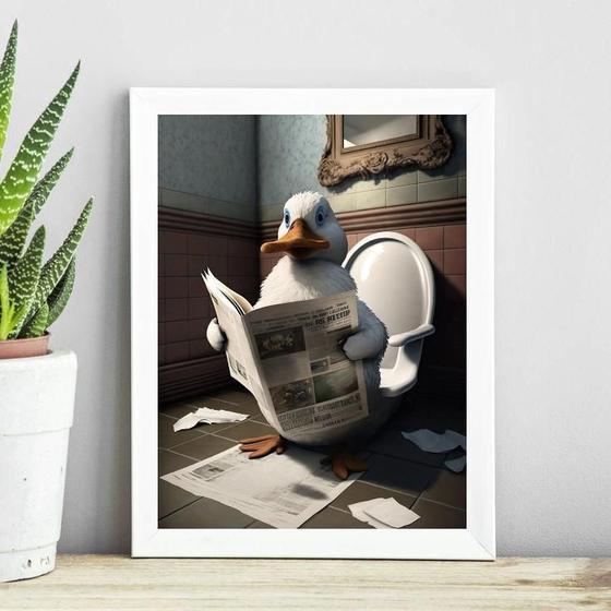 Imagem de Quadro Pato No Banheiro Lendo Jornal 45X34Cm - Com Vidro