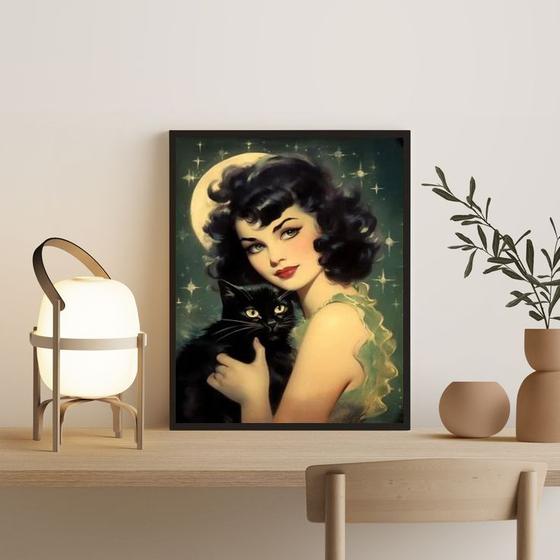 Imagem de Quadro Pin-Up Com Gato Preto 45x34cm - com vidro