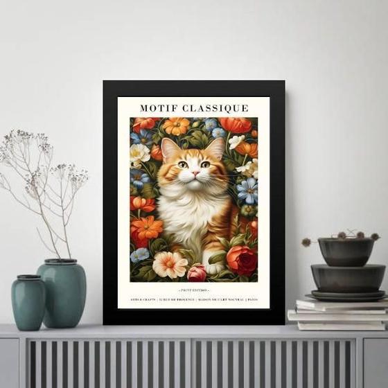 Imagem de Quadro Poster Arte Gato Com Flores 24X18Cm