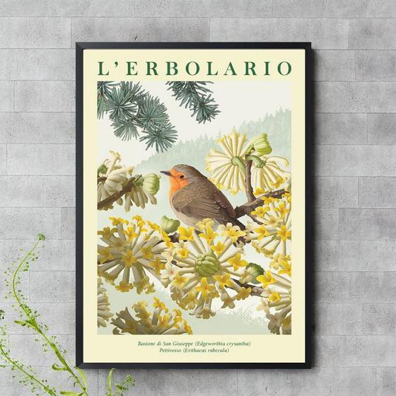 Imagem de Quadro Poster Passarinho Flores Soft 33x24cm - com vidro