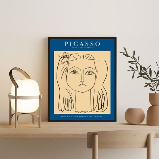 Imagem de Quadro Poster Picasso Minimalista AzulMulher 45x34cm - com vidro