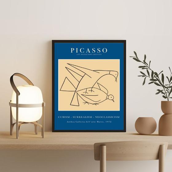 Imagem de Quadro Poster Picasso Minimalista AzulPássaros 24x18cm - com vidro