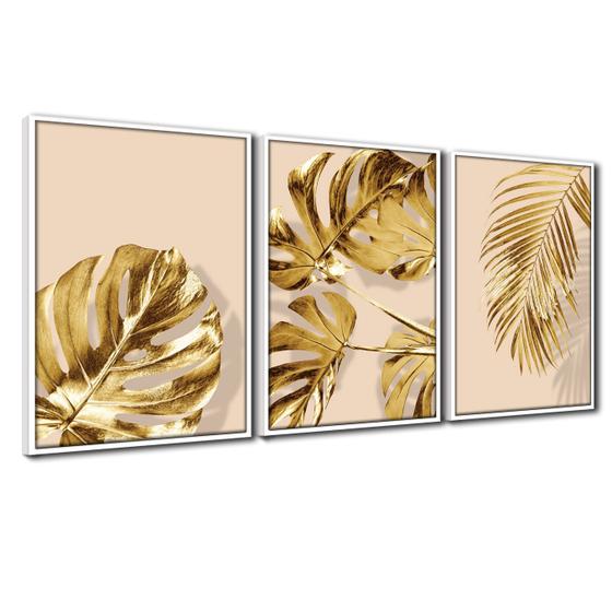 Imagem de Quadro Premium Textura CX Alta Folhas Ouro em Bege 3un 40x60