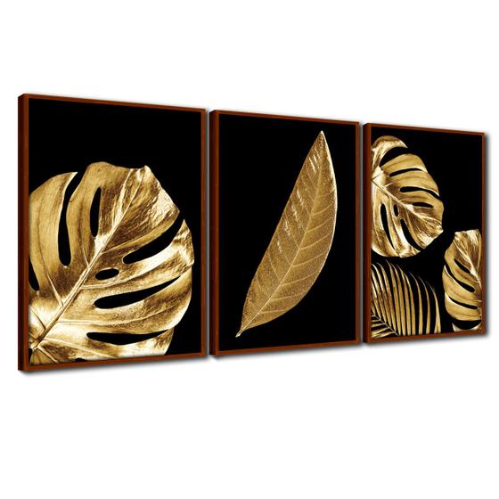 Imagem de Quadro Premium Textura CXAlta Folha Ouro em Preto1 3un 40x60