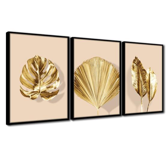 Imagem de Quadro Premium Textura CXAlta Folhas Ouro em Bege2 3un 40x60