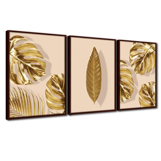 Imagem de Quadro Premium Textura CXAlta Folhas Ouro em Bege3 3un 40x60