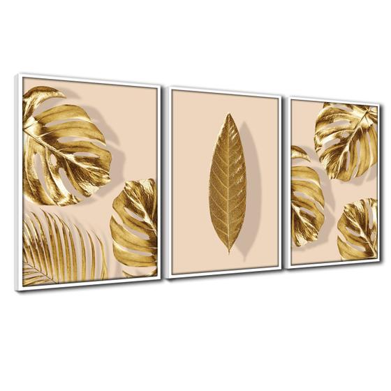 Imagem de Quadro Premium Textura CXAlta Folhas Ouro em Bege3 3un 40x60