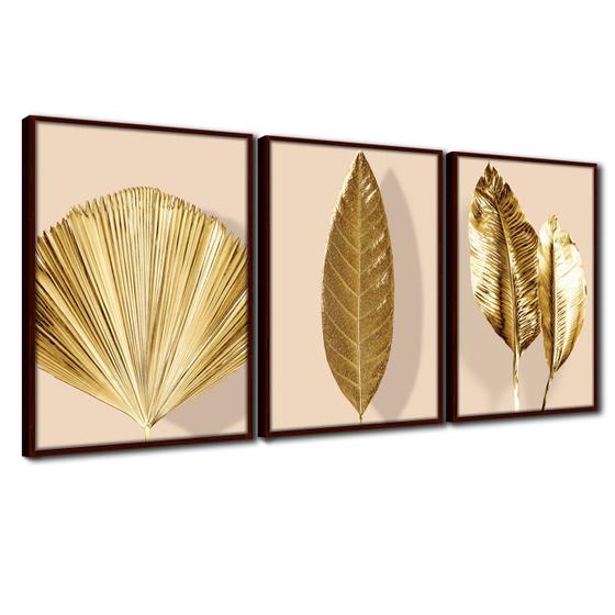 Imagem de Quadro Premium Textura CXAlta Folhas Ouro em Bege4 3un 40x60