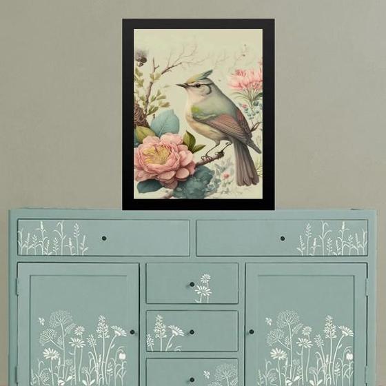 Imagem de Quadro Provençal Pássaro Com Flores 33X24Cm - Com Vidro