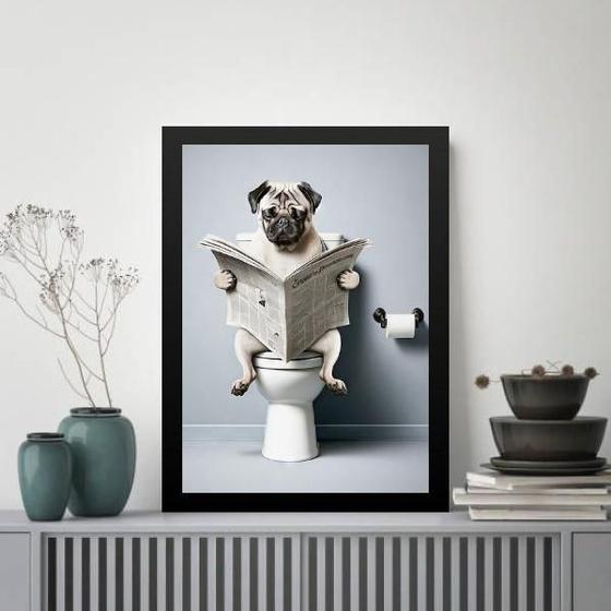 Imagem de Quadro Pug Com Jornal No Banheiro 33X24Cm