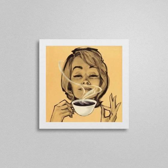 Imagem de Quadro Quadrado Retrô Mulher Com Café 20X20Cm