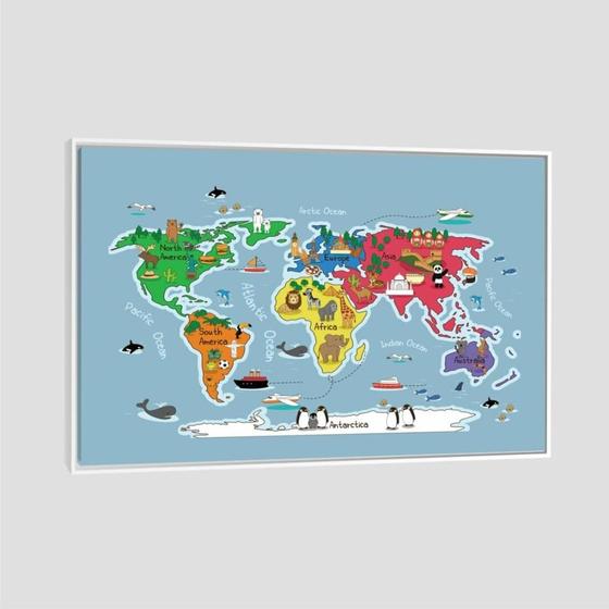 Imagem de Quadro Quadro Mapa Mundi Infantil Tela Moldura Branca 63X42Cm