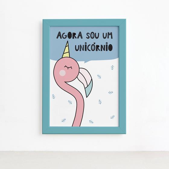 Imagem de Quadro Quarto Bebê Flamingo Unicórnio Mold Azul 22x32cm