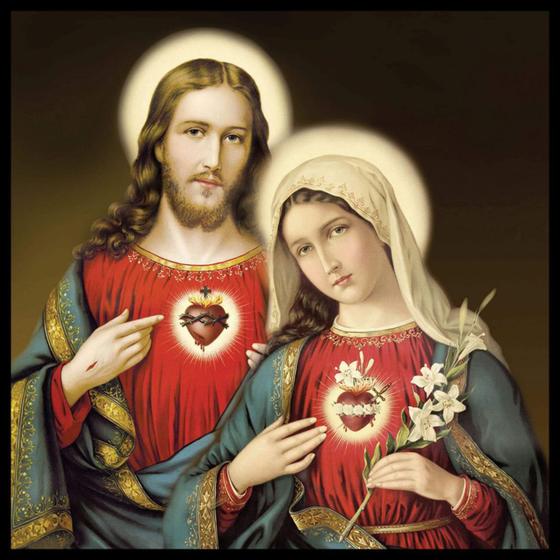 Imagem de Quadro Sagrado Coração de Jesus e Maria 45x45cm Tecido Canvas com Moldura