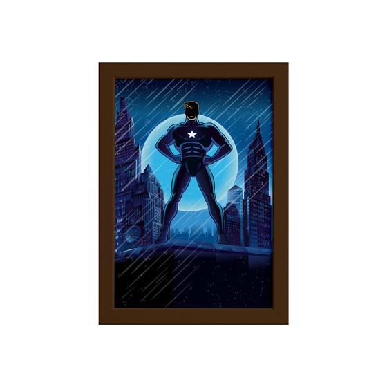 Imagem de Quadro Super Heróis Geek Azul Estrela Moldura Marrom 33x43cm