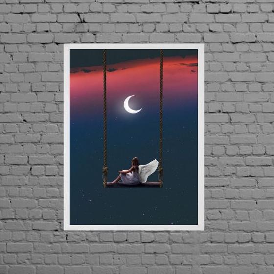 Imagem de Quadro Surrealista Menina Anjo Com Lua 24x18cm