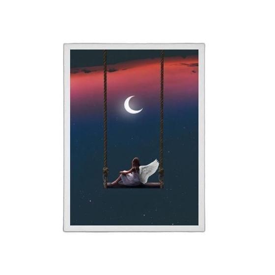 Imagem de Quadro Surrealista Menina Anjo Com Lua 33X24Cm Preta
