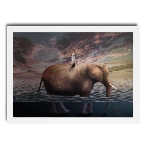 Imagem de Quadro Surrealista Menina Com Elefante 33X24Cm - Com Vidro