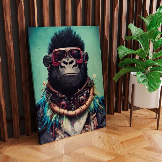 Imagem de Quadro Tecido Canvas Macaco Óculos De Sol Jaqueta De Couro